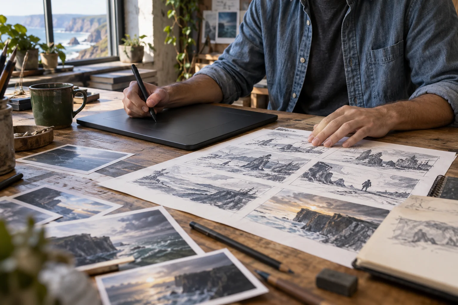 A creator draws on a graphics tablet at a wooden desk covered with storyboard sketches and printed coastal cliff studies, a sea view through the window.